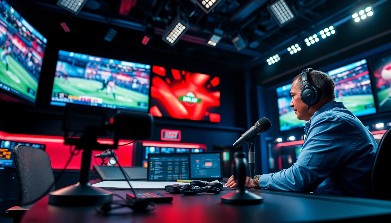 Engaging scene of sports broadcasting with a live commentator, showcasing dynamic technology.