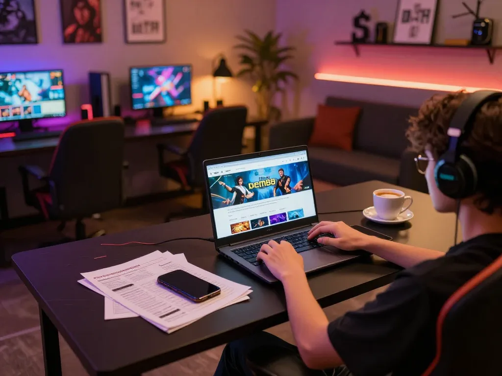 Engaging in online gaming on bem88 nhà cái while analyzing betting strategies at a cozy desk