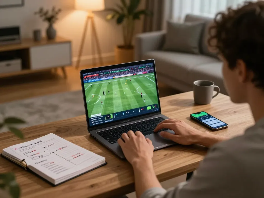 Engaged player using https://keonhacai5.mobi/ for live sports betting on laptop in cozy home setting