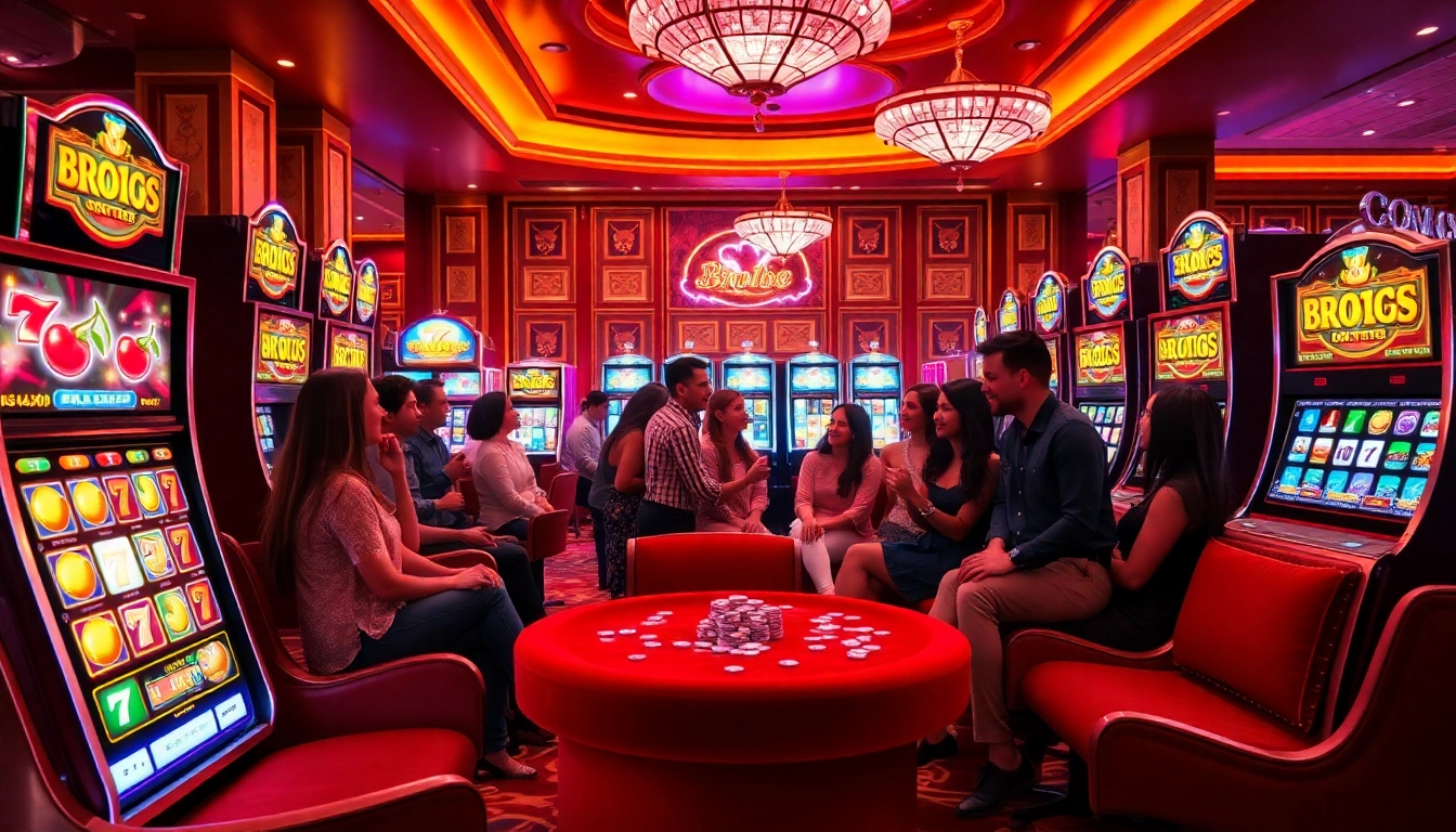 Engaging players thrilled by the bro138 slot machine in a luxurious casino environment.