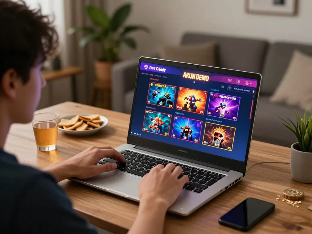 Akun Demo gameplay on a laptop, showcasing thrilling online slots and a cozy gaming atmosphere