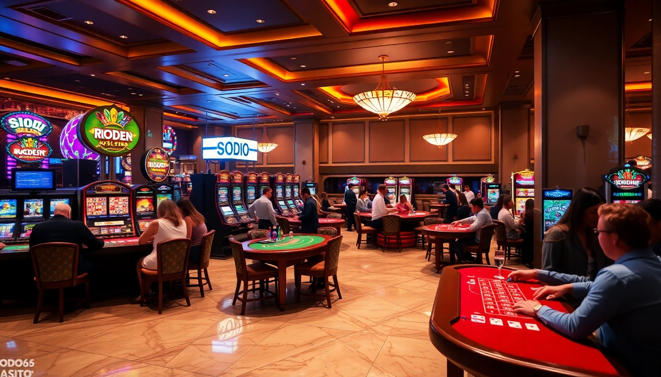 SODO66 casino scene with lively gambling tables, vibrant slot machines, and enthusiastic players.