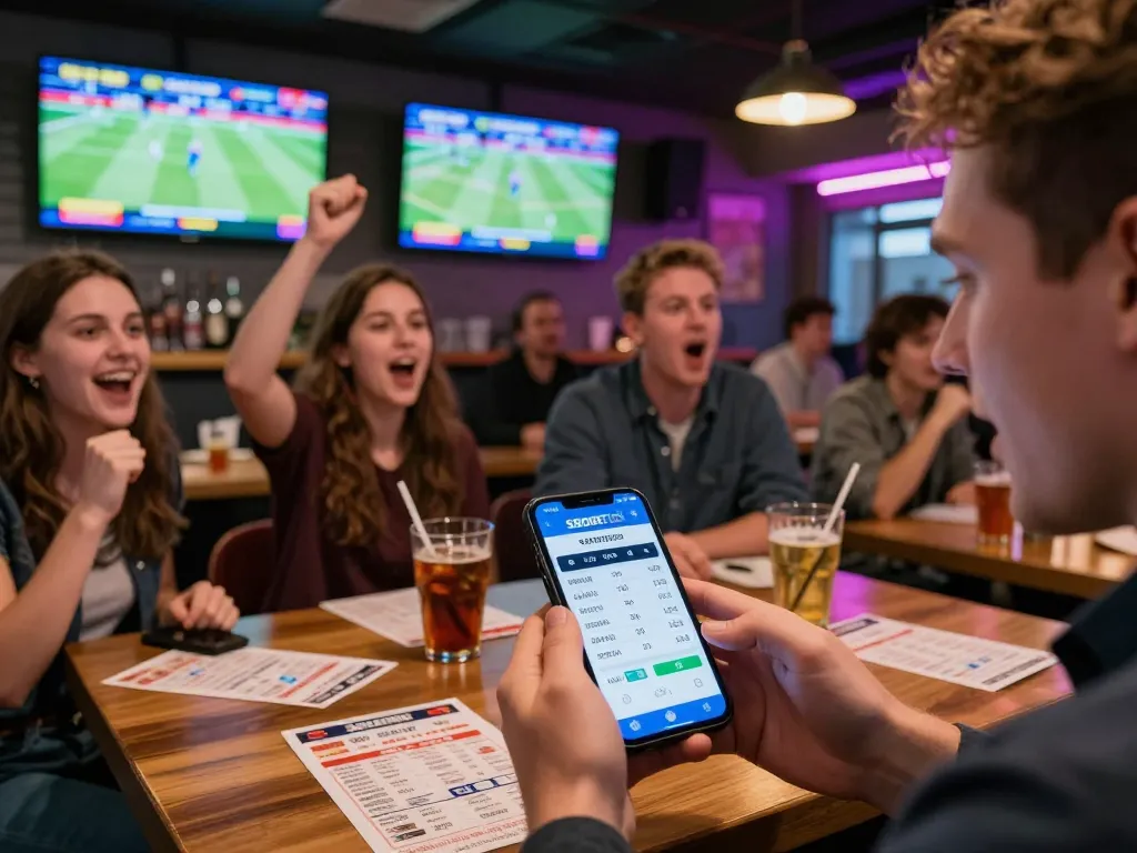 SBOBET88 login interface shown on smartphone during an exciting sports betting event in a lively atmosphere.