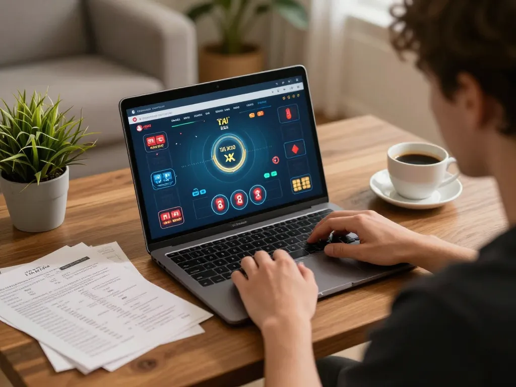 Tài xỉu online gameplay on laptop in a cozy home setting with strategy notes