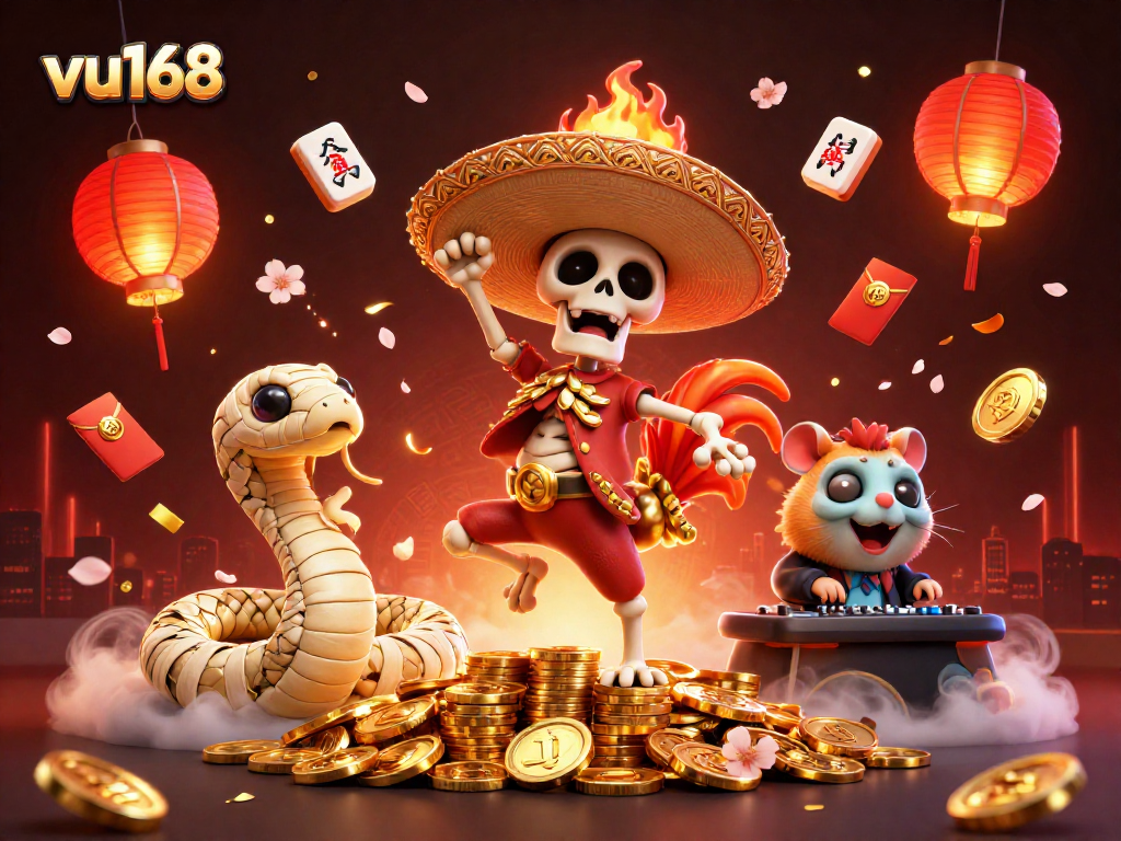 Vu168 showcases a vibrant scene with a dancing skeleton mariachi rooster surrounded by casino elements.