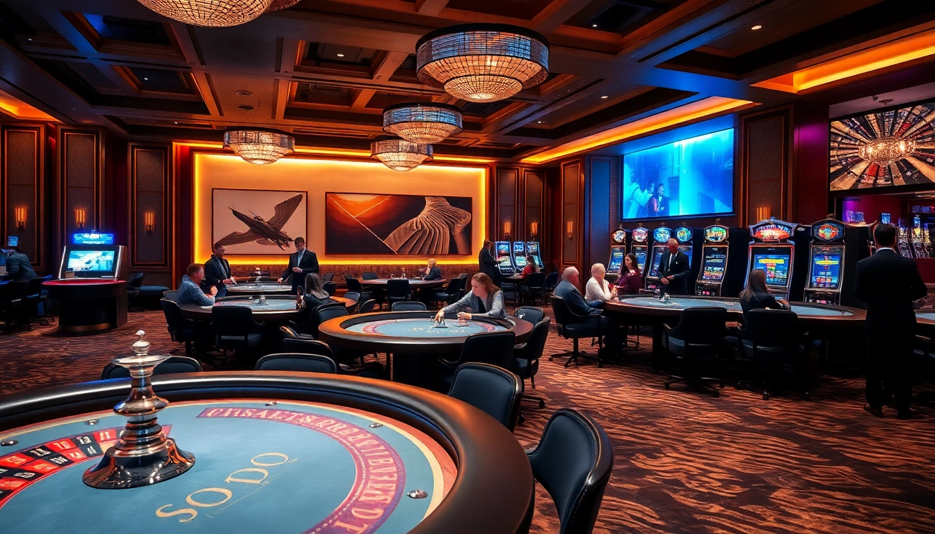 SODO-themed casino lounge with high-stakes poker tables, roulette wheel, and vibrant ambiance.
