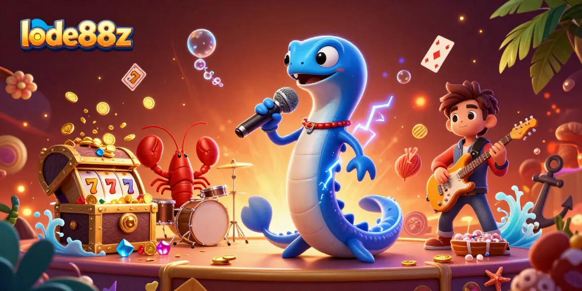 lode88z highlights an underwater DJ stage with animated characters and casino slots in action.