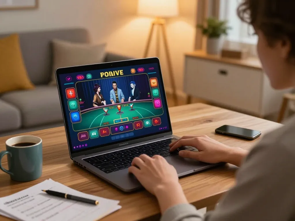 Engaging in online gambling at home with nk88, featuring live dealer games and strategic planning.