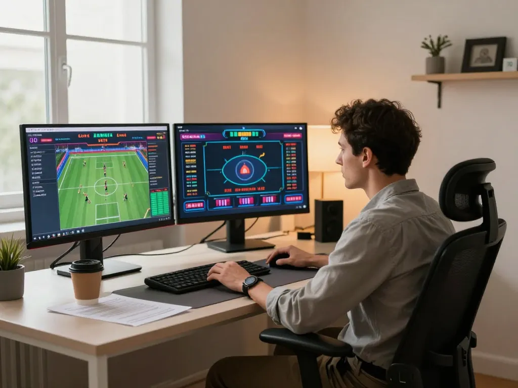 Person strategizing their bets on nhà cái 8xbet with multiple screens showing live casino and sports betting.