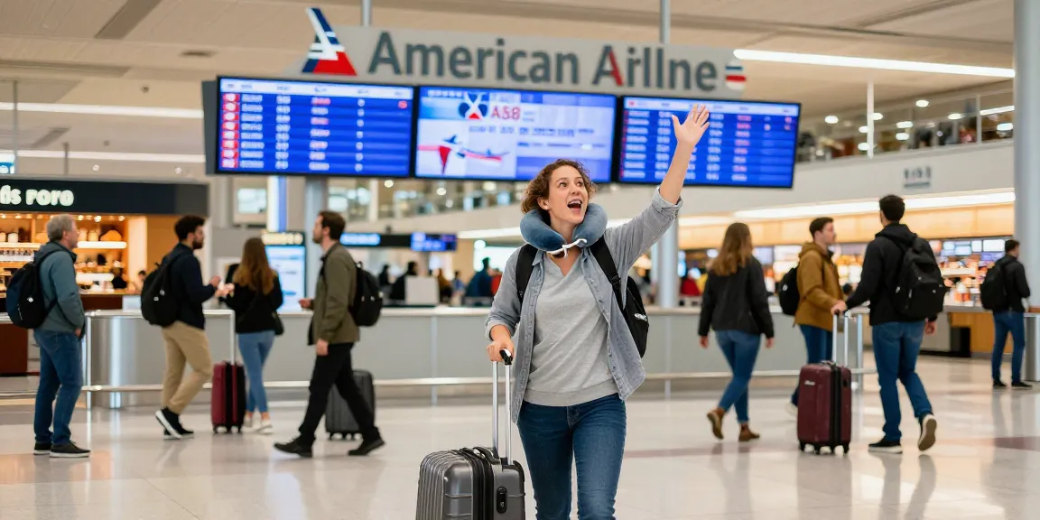 Traveler boarding American Airlines flight AA 88 at a busy airport terminal, capturing the excitement of travel.
