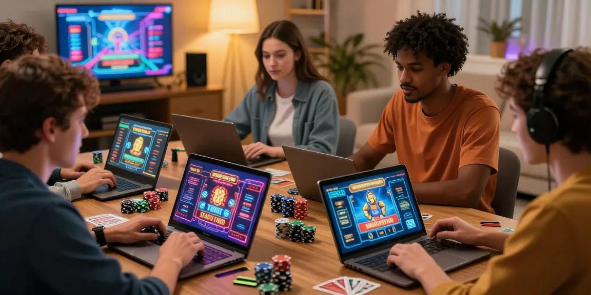 Players enjoying interactive gaming at credit card casinos with laptops and tablets during a lively group session.