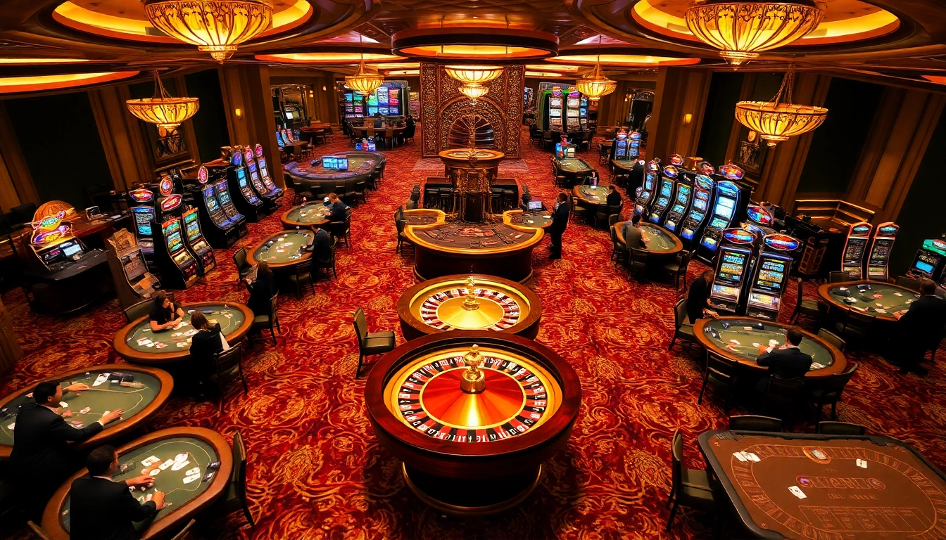 Gamblers enjoying the luxury experience at hm88 casino tables with vibrant slot machines.