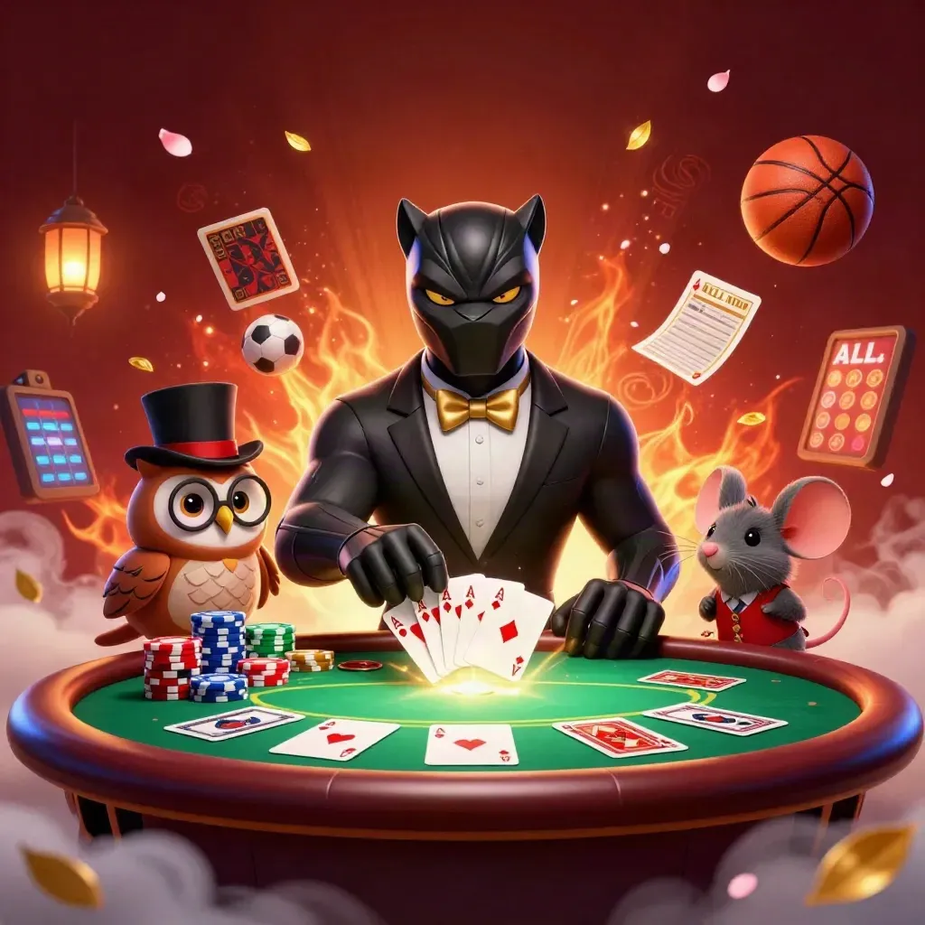 Panther, owl, and mouse in a casino rush with chips, cards, gold glow, and neon effects.