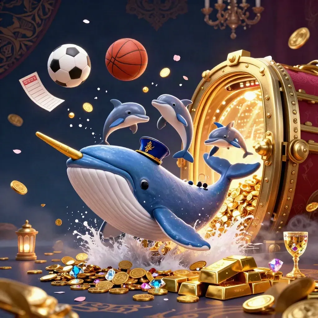 Whale, narwhal and dolphins burst through coins, vault light and casino treasures in a neon sports fantasy.
