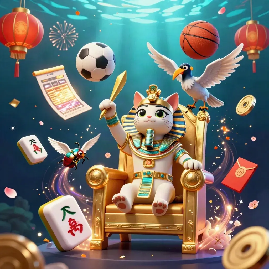 Pharaoh cat and ibis amid casino sports icons in glowing navy, cyan, and gold underwater light.