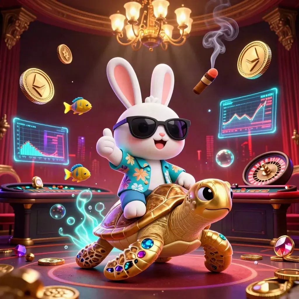 Lucky rabbit on a gold sea turtle amid neon crypto glow and casino luxury