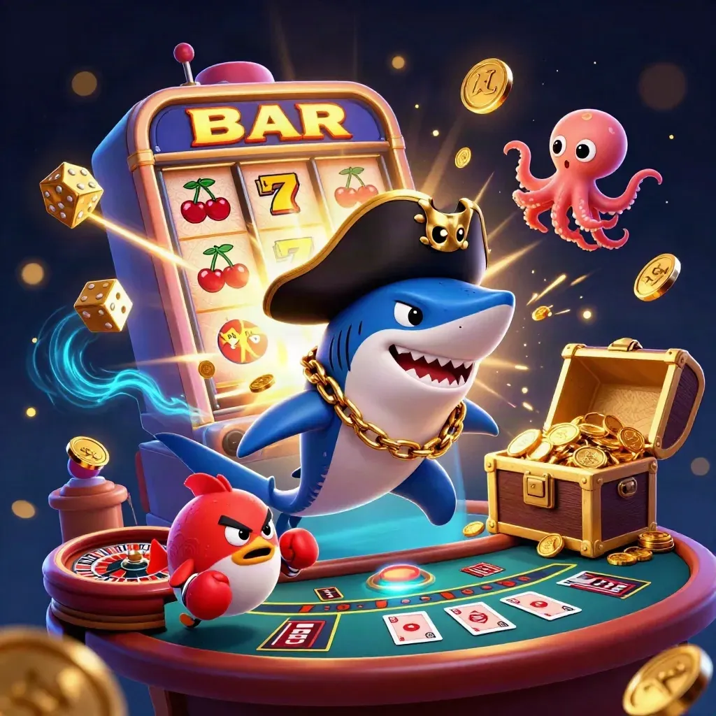 Pirate shark, boxing pufferfish, and octopus amid casino jackpots and glowing gold.