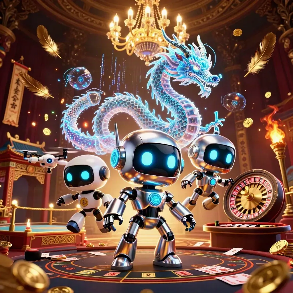 Cyberpunk robot, holographic dragon, and coin drone amid casino glow and gold coins.