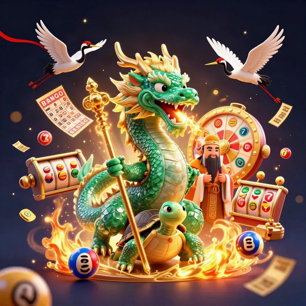 Emerald dragon, turtle sage, and cranes amid casino magic, gold bursts, and glowing game props.