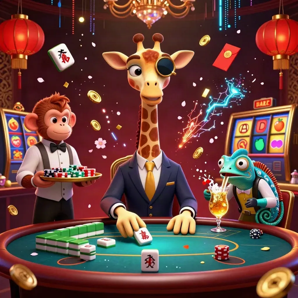 Giraffe, monkey, and chameleon casino heroes amid gold chips, lanterns, and cyan glow.