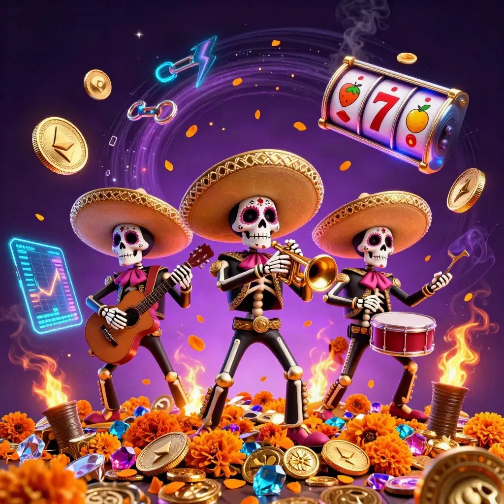 Day-of-the-Dead skeleton mariachi trio amid cyan coins, gems, reels, and neon casino magic.