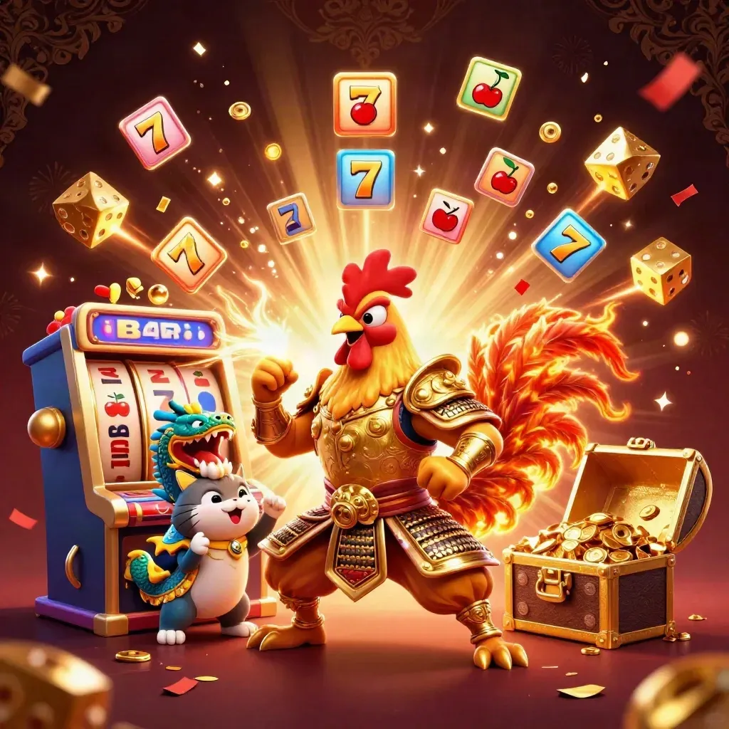 Rooster warrior, dragon hatchling and fortune-cat amid exploding slot symbols, gold and sparks.