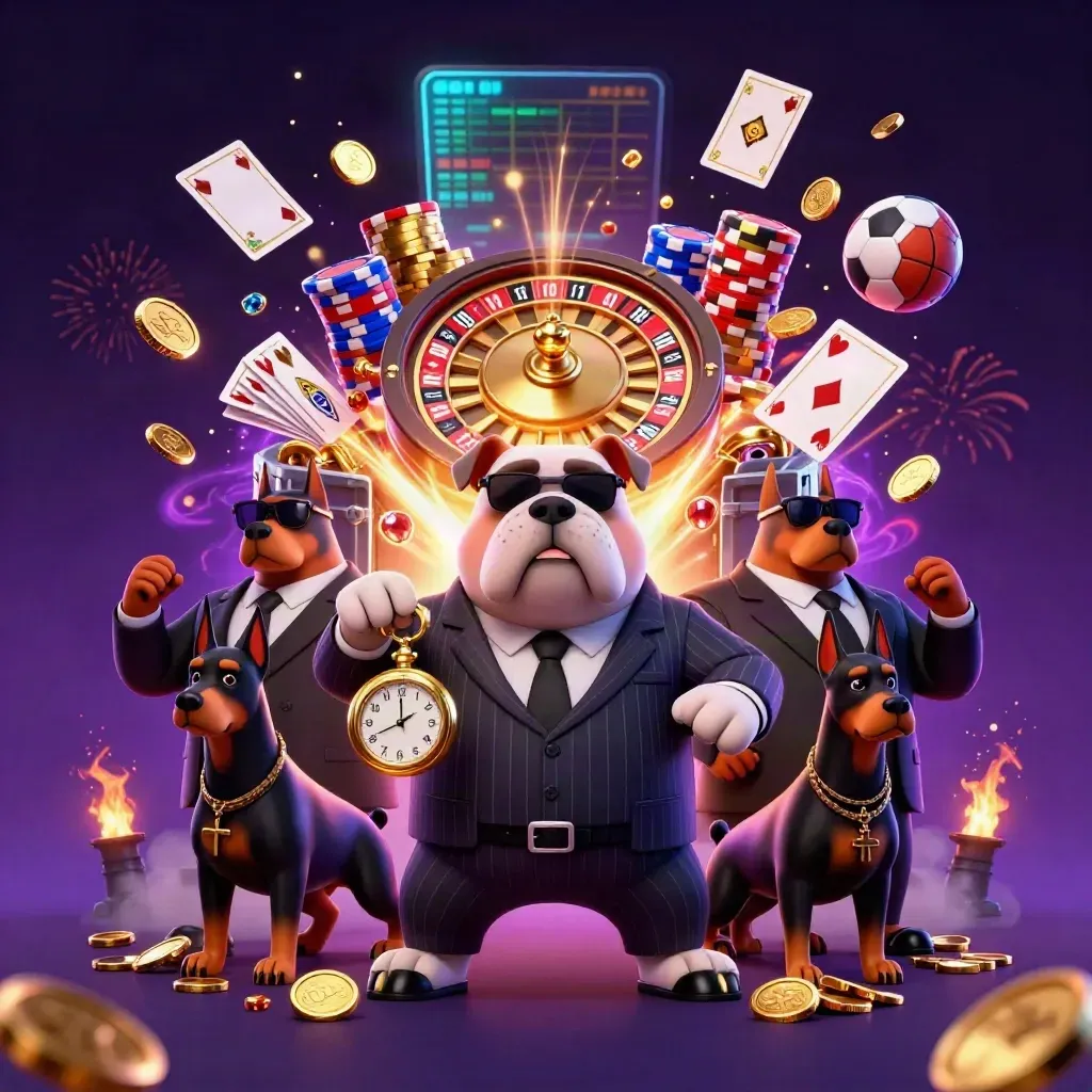 Bulldog boss and Doberman guards amid exploding coins, roulette wheel, chips, and sports betting glow.