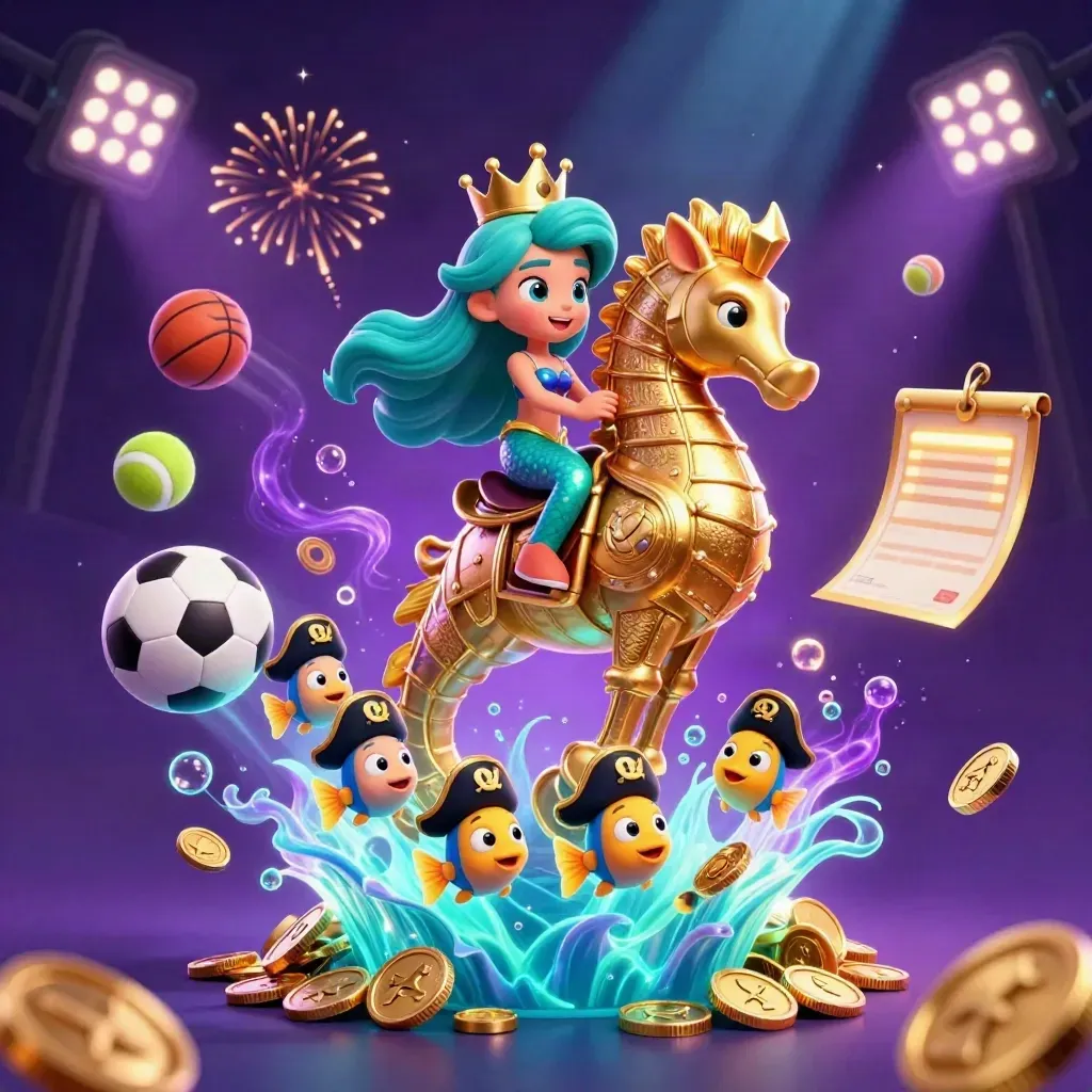 Mermaid princess on a golden seahorse amid coins, sports balls, fireworks, and casino lights.