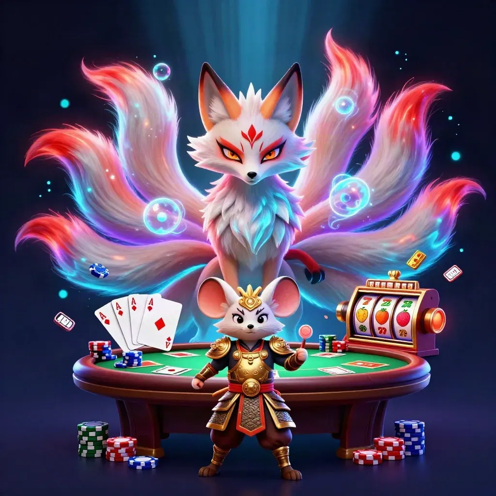 Nine-tailed fox spirit with samurai mouse amid casino cards, chips, reels and glowing blue-gold effects.