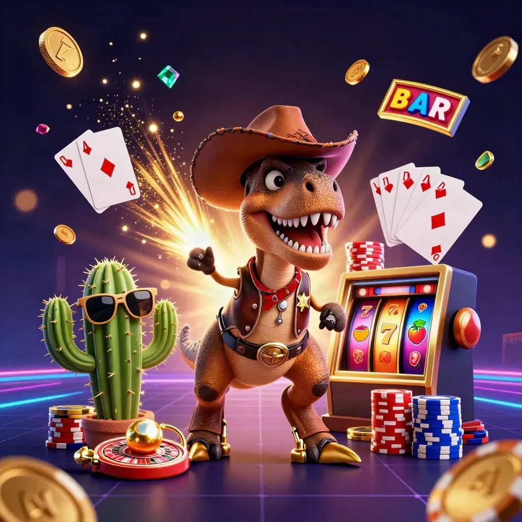 Cowboy T-Rex, cactus sidekick, and sheriff roadrunner blast through casino coins and chips.