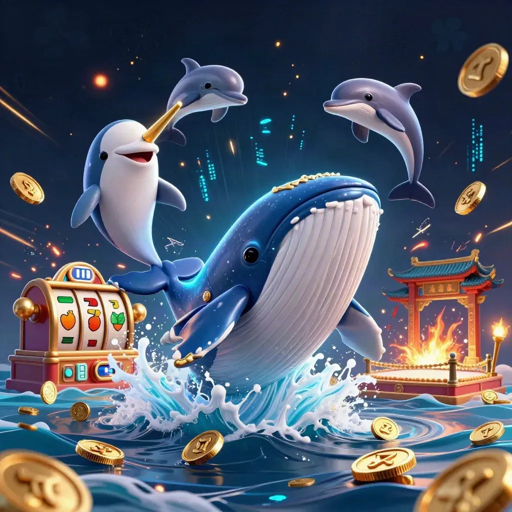 Whale captain, narwhal and dolphins in a gold coin splash with neon casino effects