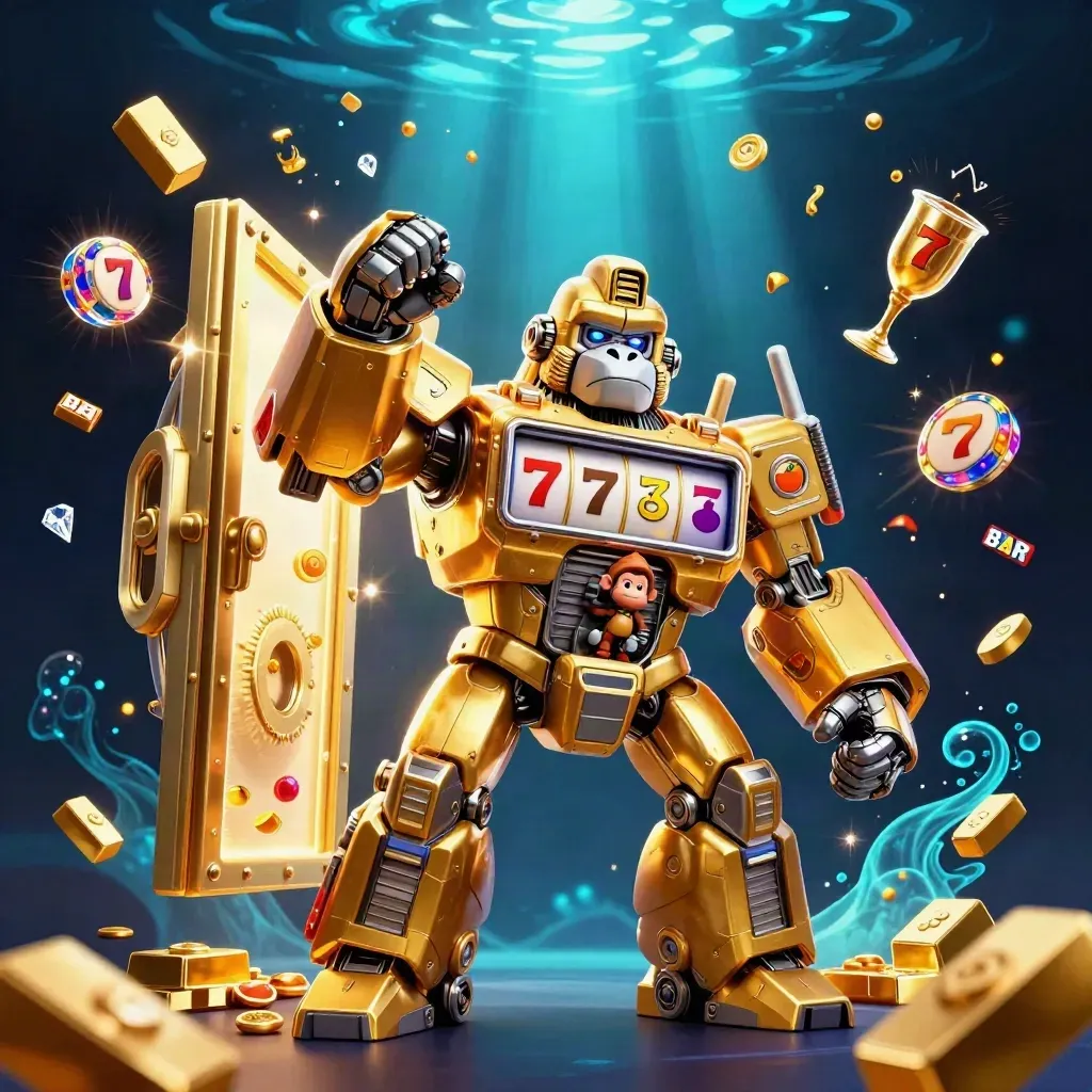 Golden gorilla slot mech with tiny monkey pilot, vault blast, gold, gems, cyan glow.