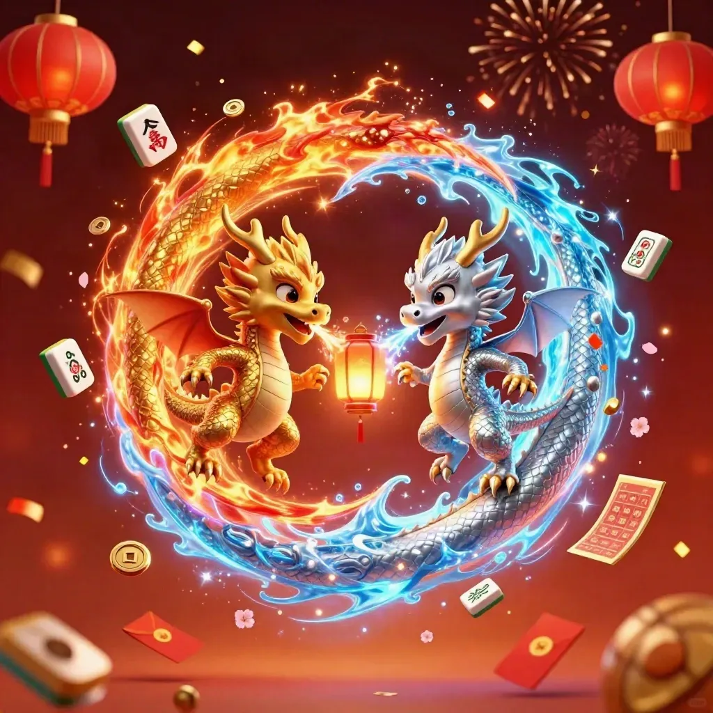 Twin gold and silver dragons swirl around a lantern spirit amid casino and festival treasures.