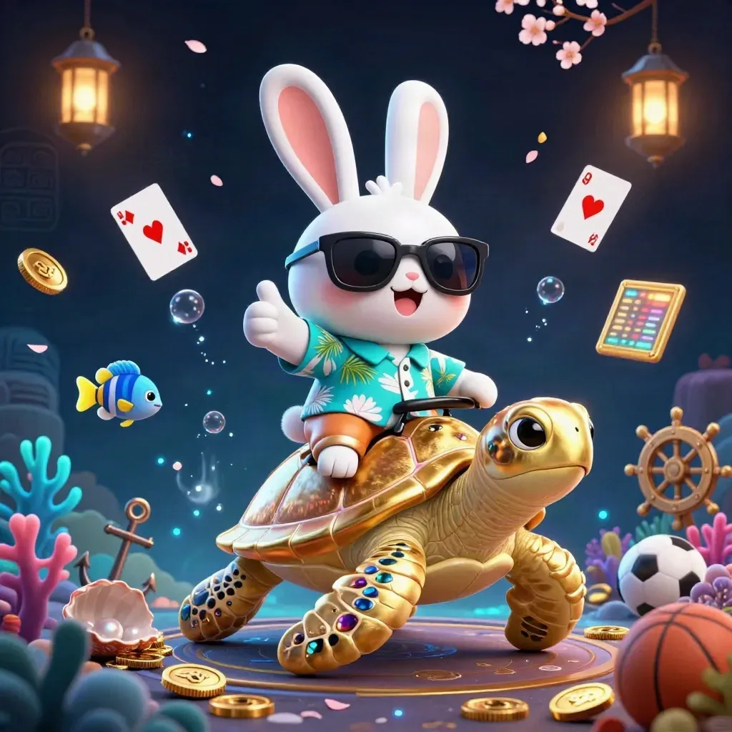 Cartoon rabbit rides a golden sea turtle amid coins, coral, cards, and casino sparks.