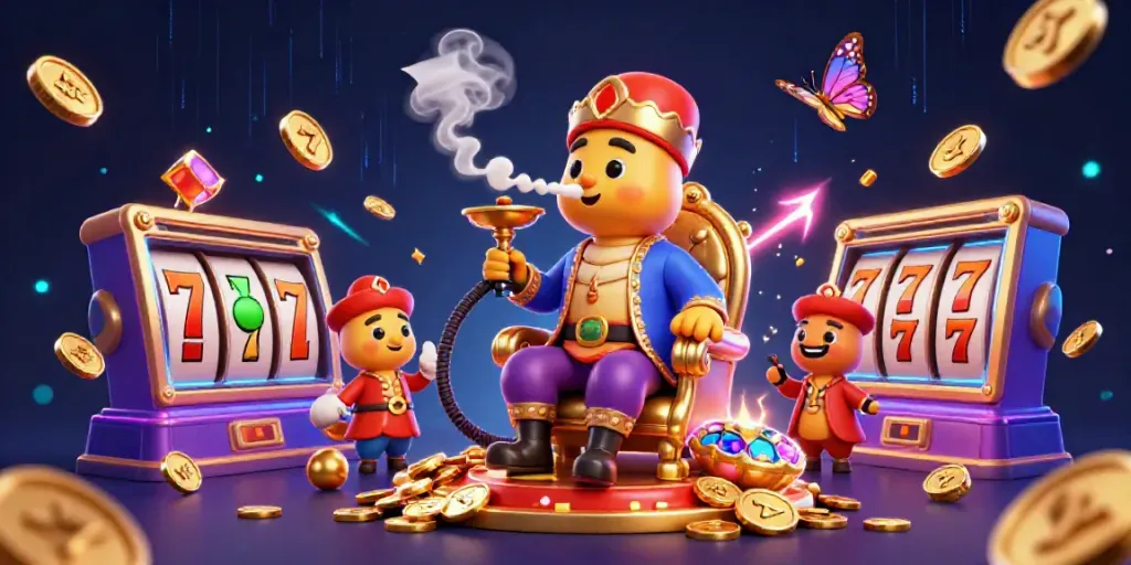 Experience the thrill of slot games in a vibrant 3D art scene featuring captivating characters and colorful elements.