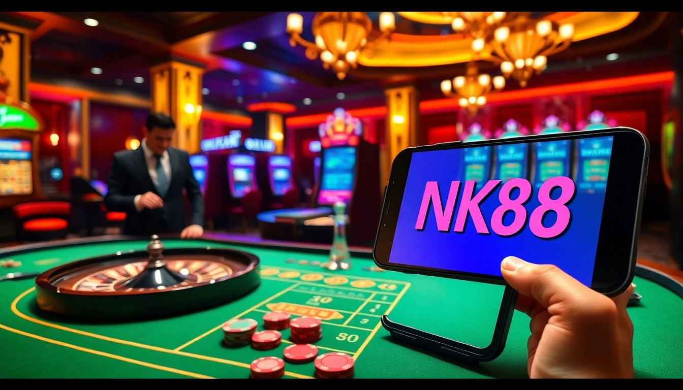 NK88 online casino with exciting gaming tables, slot machines, and professional dealers.