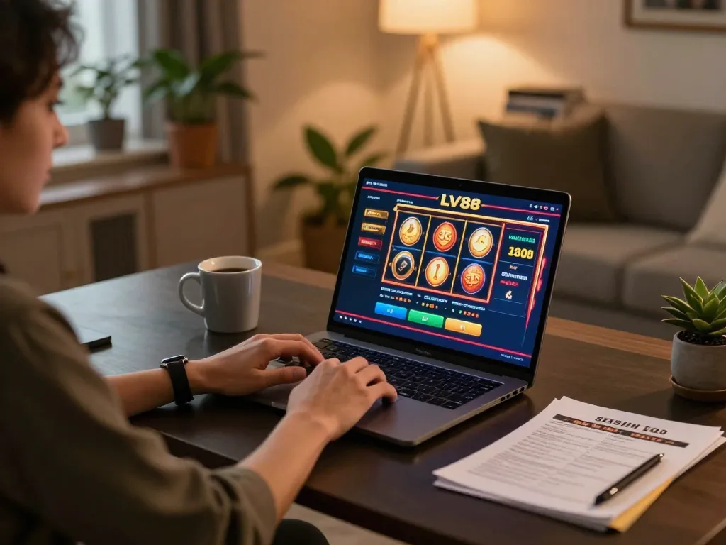 Player engaged with LV88 online casino on laptop, showcasing vibrant gaming interface and comfortable setup