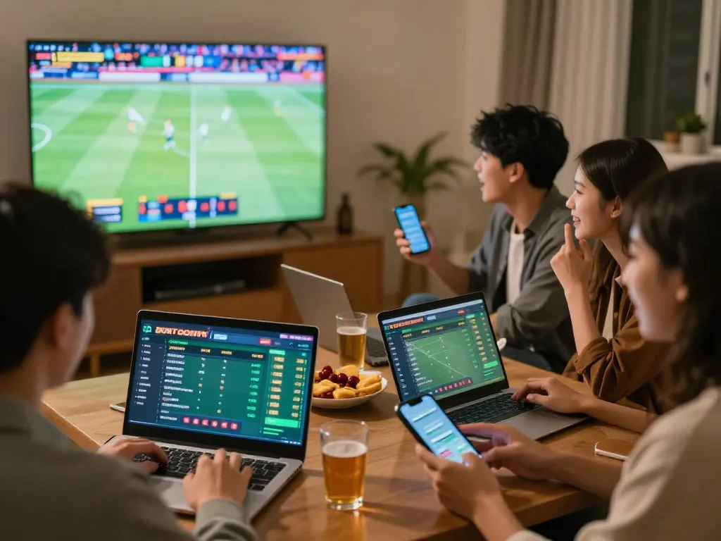 SC88 users engaging in real-time sports betting with laptops and smartphones in a cozy home setting