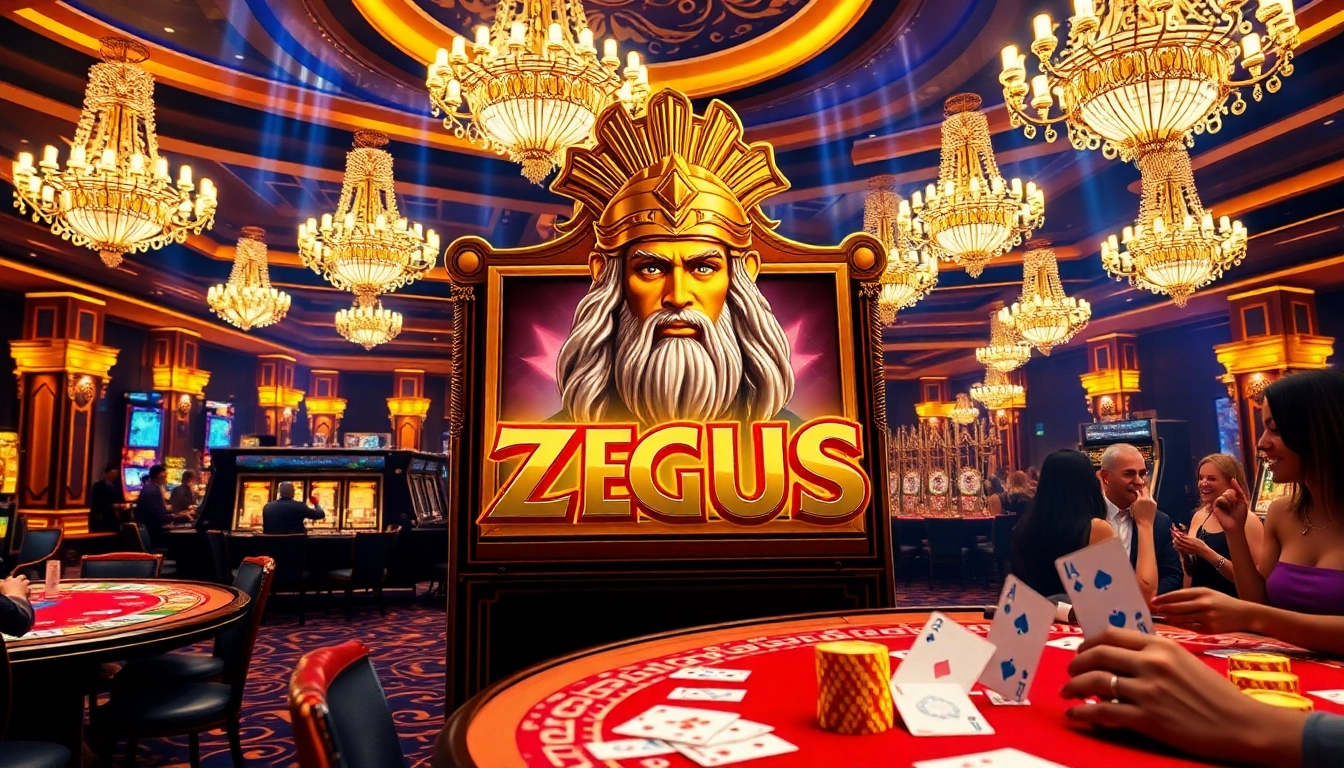 Pemain menikmati pengalaman mesin slot Zeus yang mendebarkan di lingkungan kasino yang semarak.