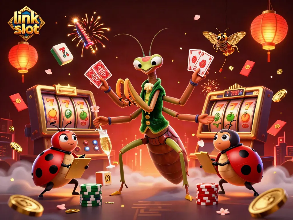 Memenangkan permainan link slot dengan karakter unik, simbol keberuntungan, dan suasana kasino yang meriah.