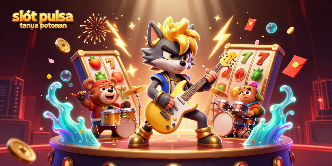 Experience the thrill of slot pulsa tanpa potongan with a cartoon wolf rocking out on stage amidst vibrant casino elements.