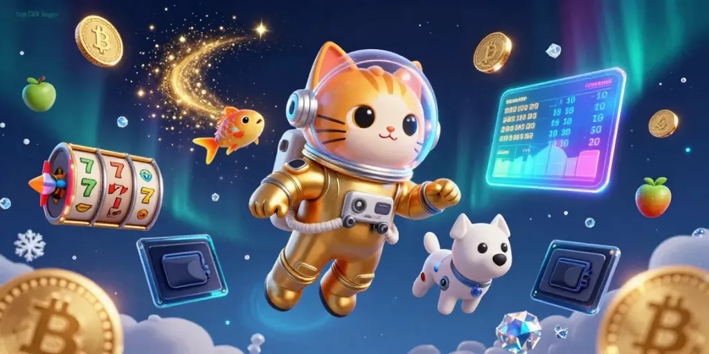 Experience the exhilarating top189 login scene with a cosmic cat, robot dog, and slot symbols.