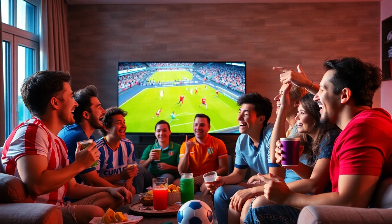Xoilac TV soccer fans enjoying a live match in HD quality with snacks.