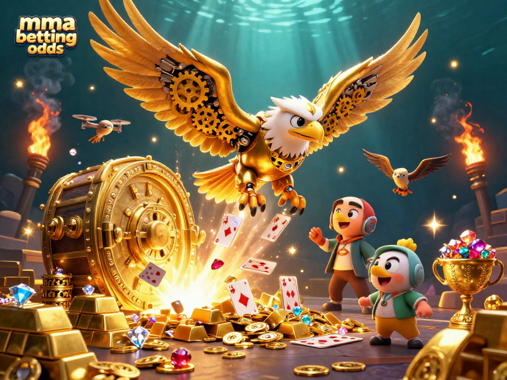 Engage with mma betting odds through a dynamic scene of cybernetic eagles and treasure.