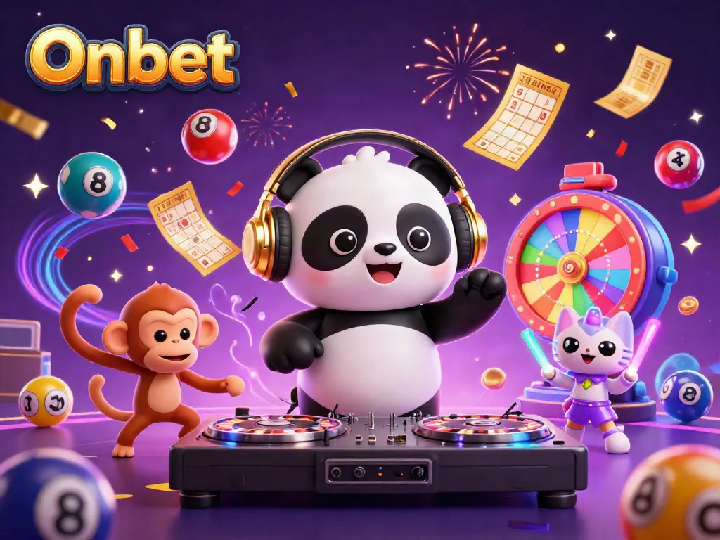 Experience excitement with Onbet's vibrant 3D illustration featuring casino-themed characters in a dynamic festive scene.