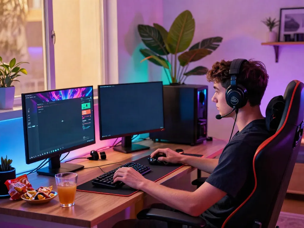 Engaged gamer focused on the ORION88 app in a modern living room.