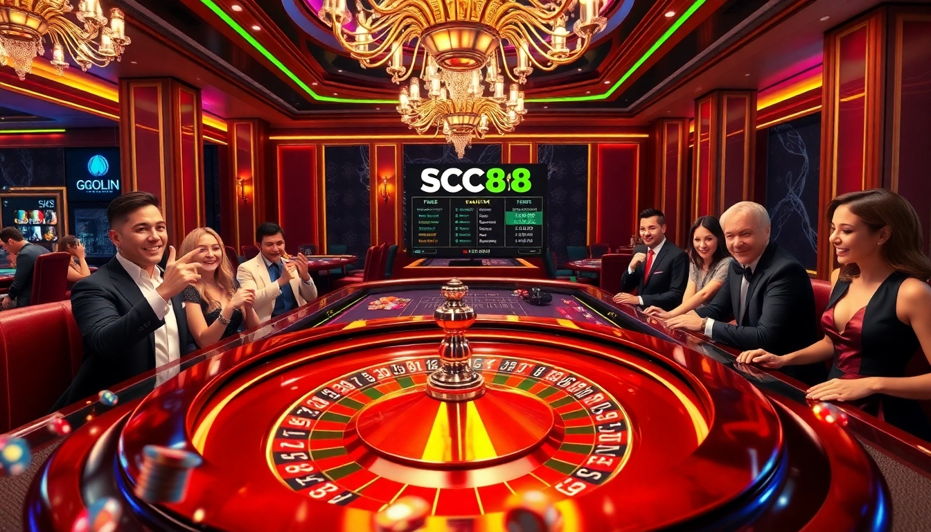 Experience SC88 cá cược excitement with a vibrant casino scene, featuring roulette and eager players.