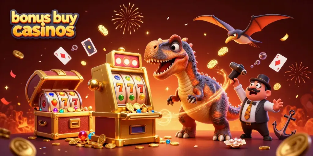 Experience the excitement of bonus buy casinos with a dinosaur-themed jackpot scene filled with thrilling action.
