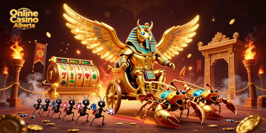 Engage with thrilling games at Online Casino Alberta, featuring a golden scarab beetle in a vibrant casino scene.