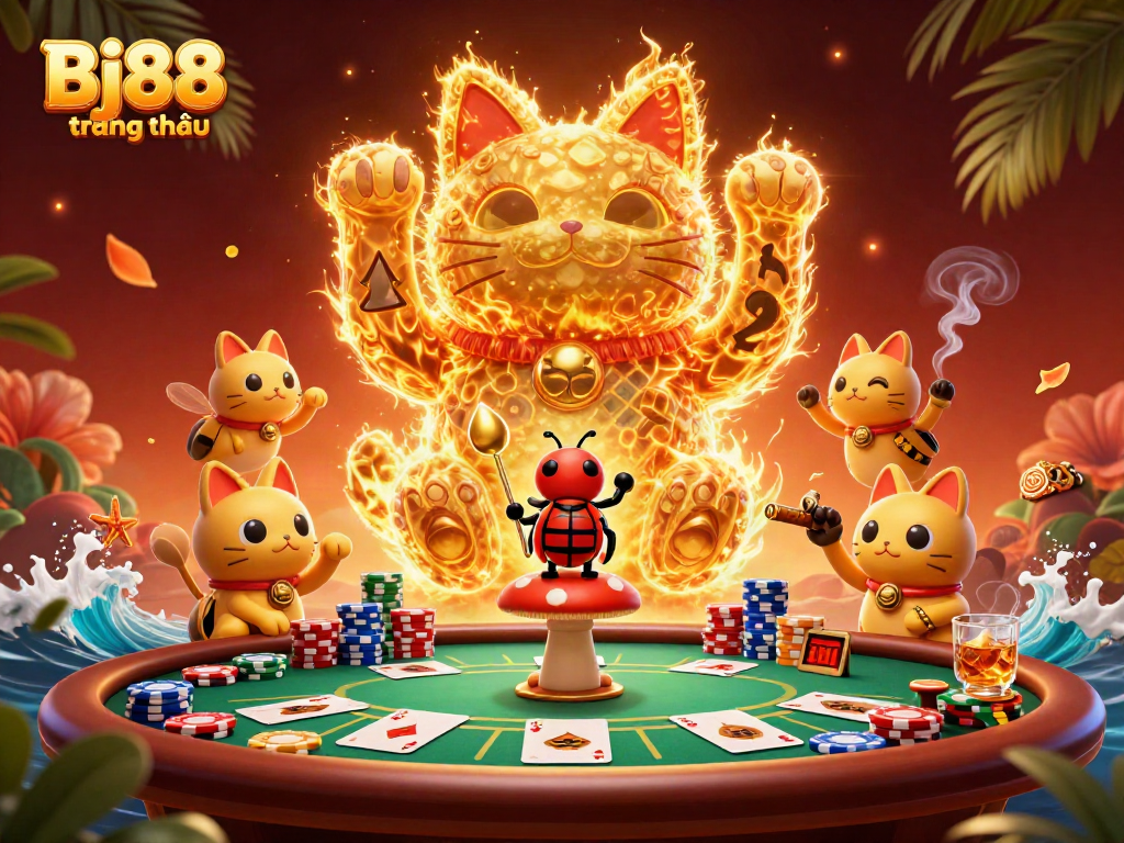 Bj88 trang chủ showcases a vibrant scene with gaming elements and a giant lucky cat formed by golden fireflies.